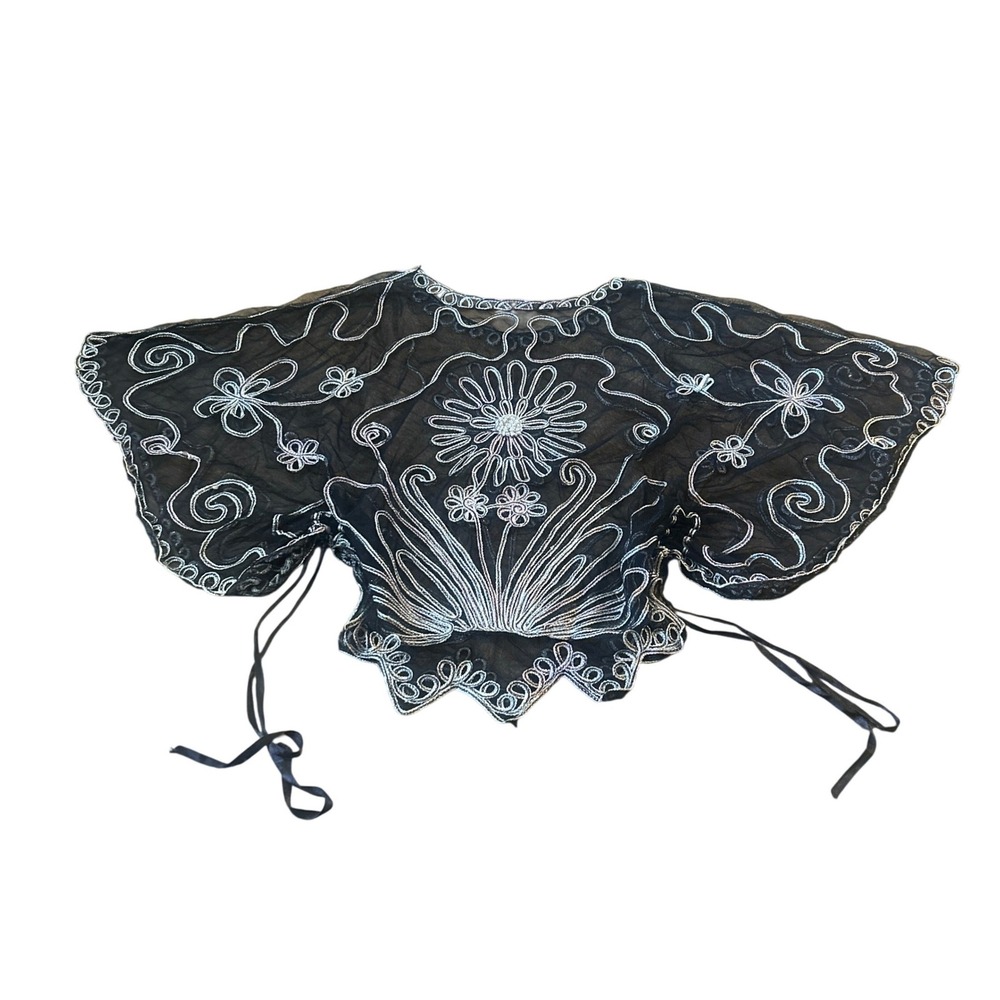 Fairy Core Black Mesh Shrug Silver Floral Embroidery Butterfly Sleeve Bolero